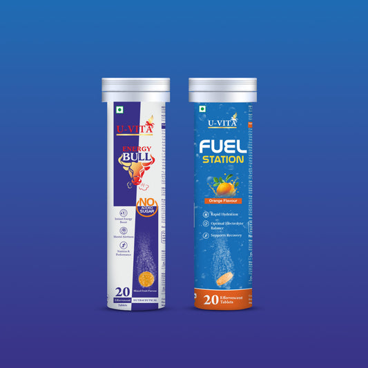 Two U-Vita supplement tubes, 'Energy Bull' and 'Fuel Station', on a blue background