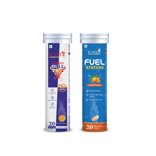 Two U-Vita supplement tubes, 'Energy Bull' and 'Fuel Station', on a white background.