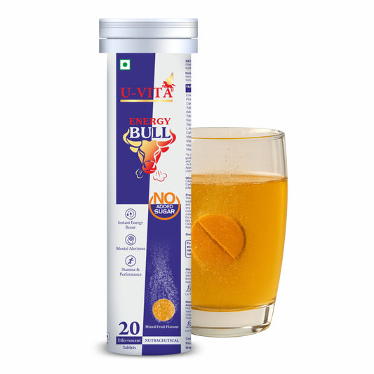Energy Bull effervescent supplement by U-Vita with dissolving tablet in glass.