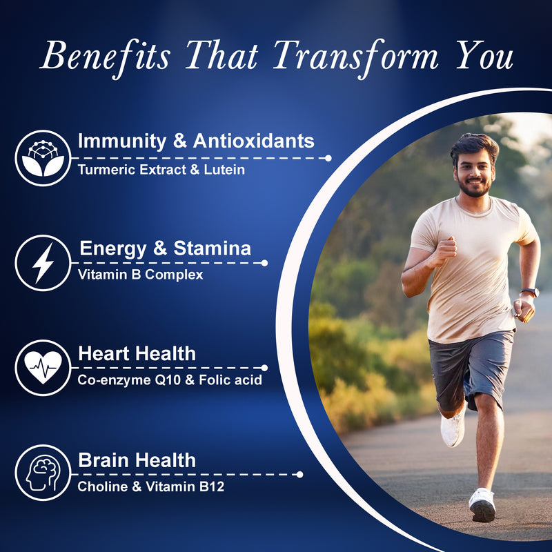 Man running outdoors with health benefits text overlay on a blue background