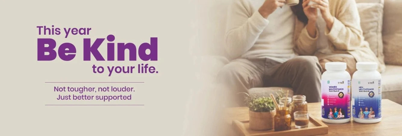 U-vita Multivitamin product banner highlighting self‑care message and supplement bottles for men and women