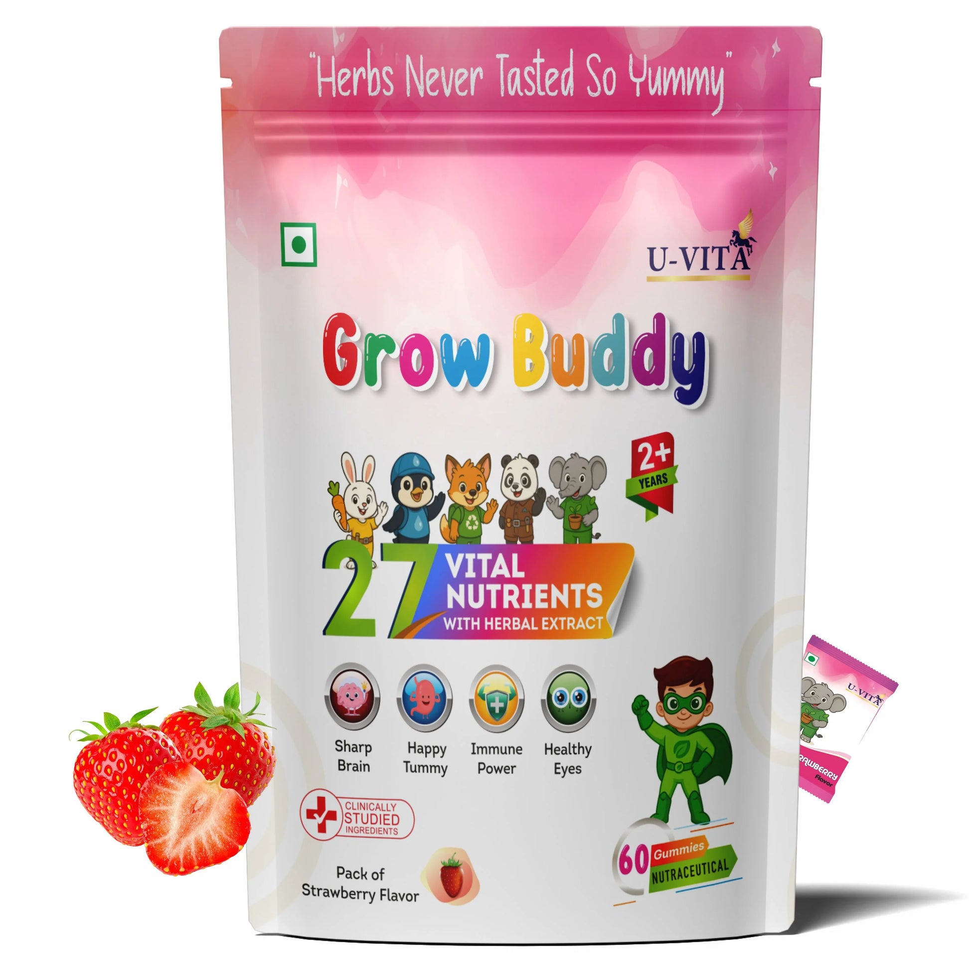 Strawberry flavour U‑Vita Grow Buddy kids gummies pack