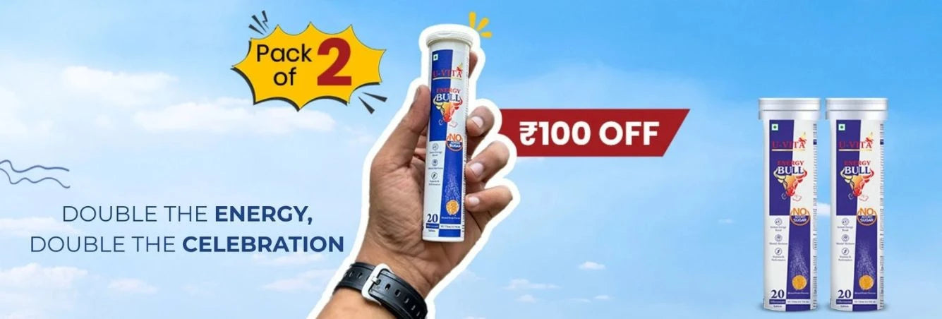U‑Livita Energy Bull Pack of 2 effervescent tablets banner with ₹100 off.