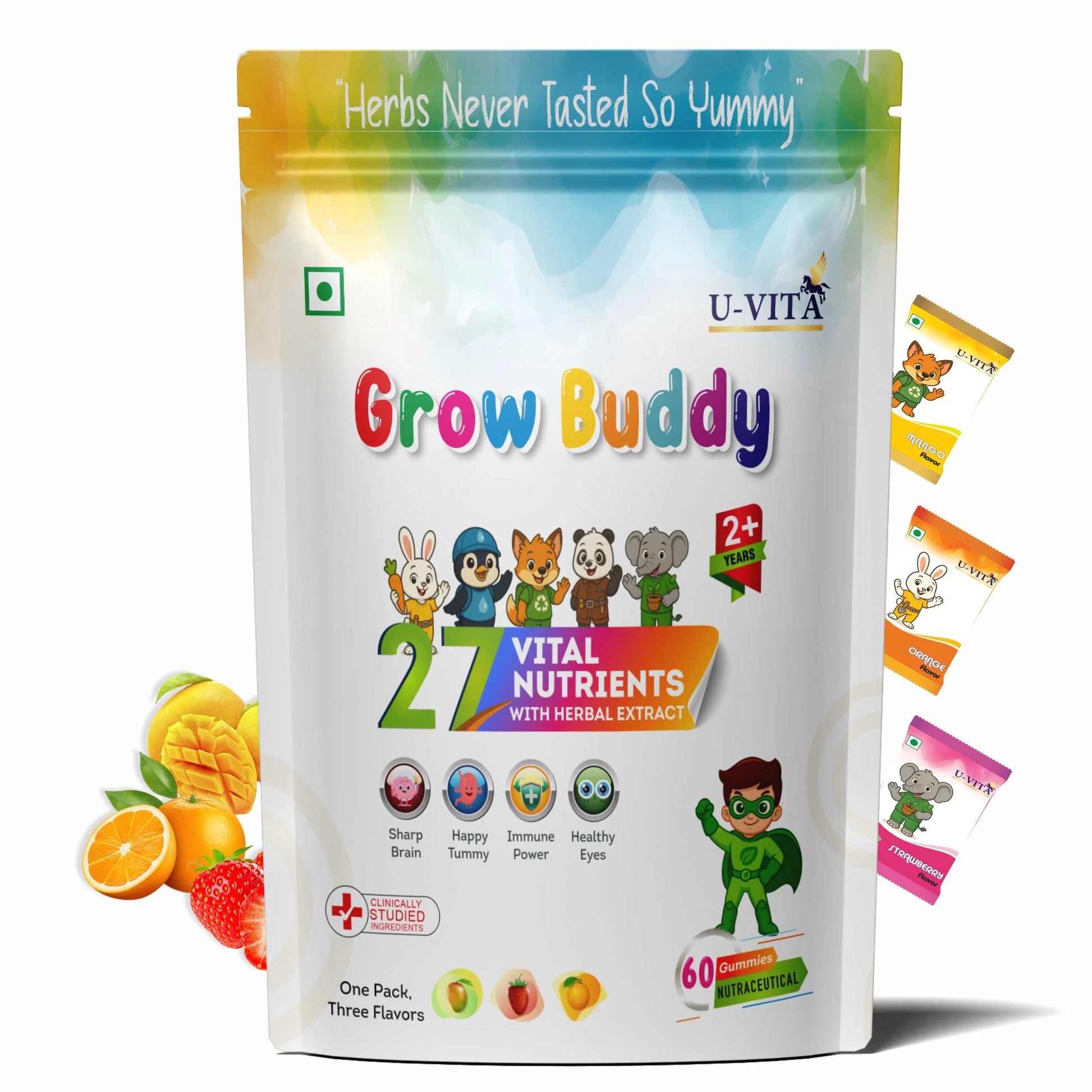 U-Vita Grow Buddy kids gummy vitamins pack with Mix fruit flavors.