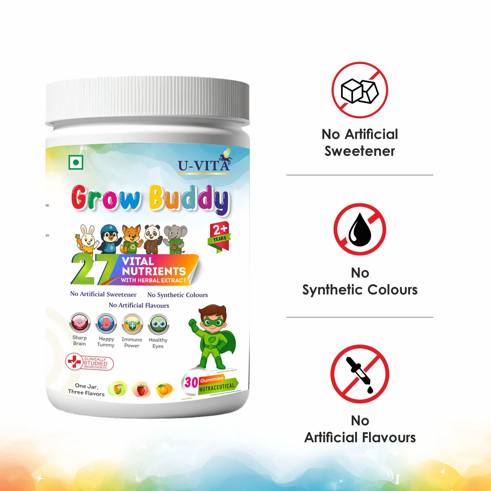U-Vita Grow Buddy multivitamin gummies for kids, 30 days gummies jar with colorful packaging