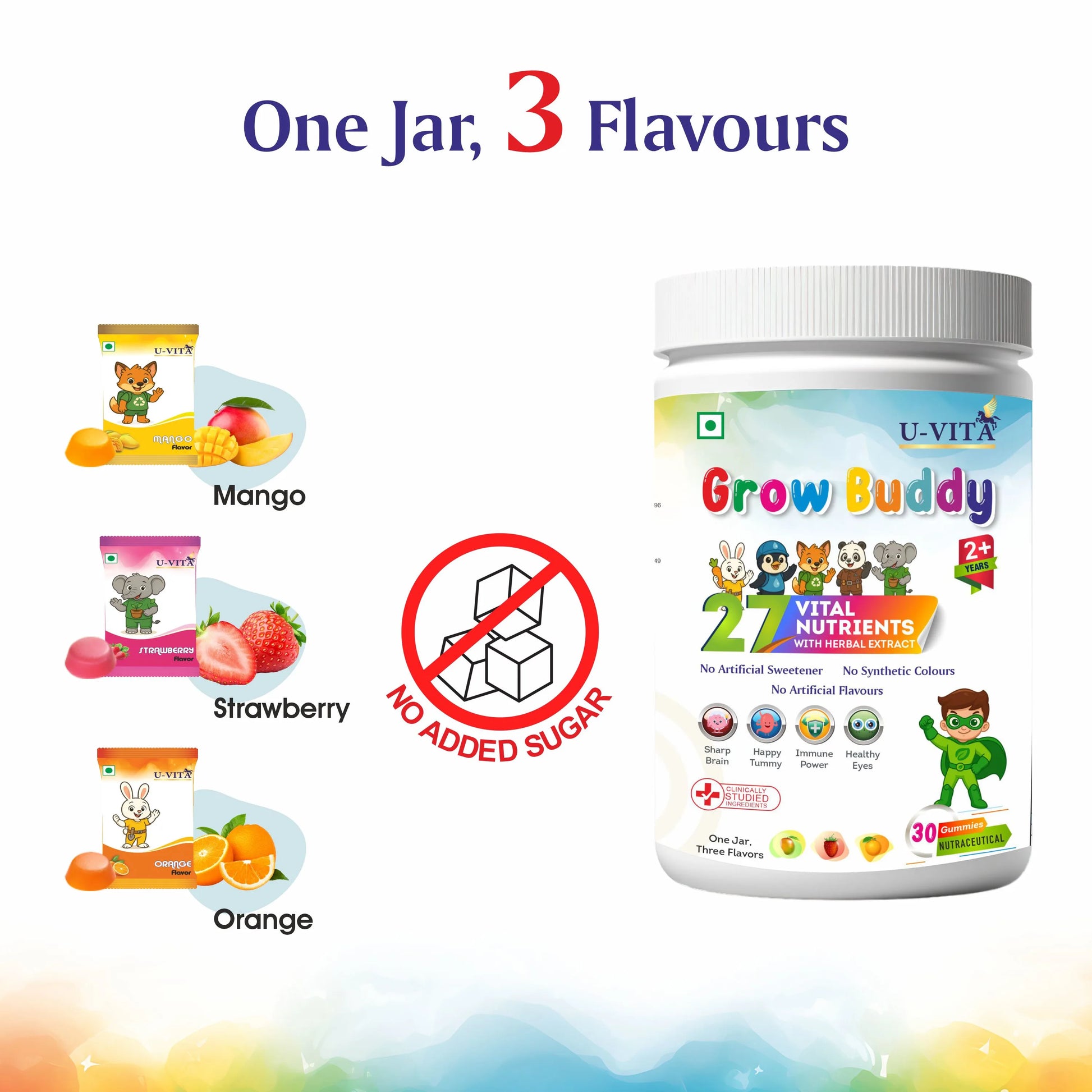 U‑Vita Grow Buddy 27 vital nutrients kids gummy multivitamin in three flavors