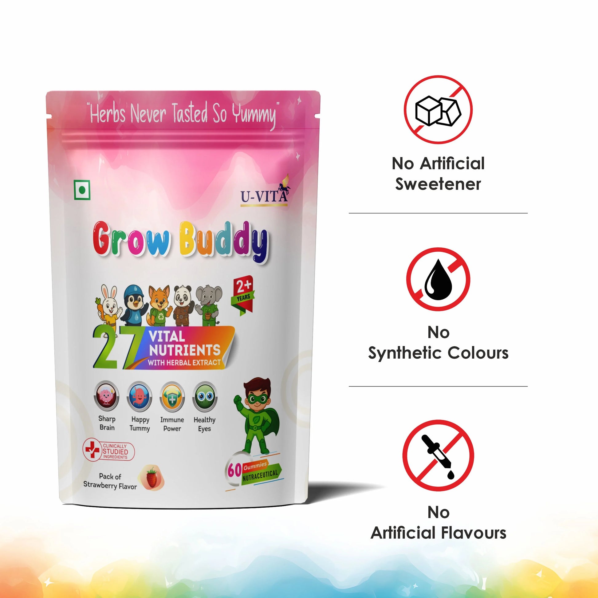 U‑Vita Grow Buddy 60 strawberry kids multivitamin gummies, herbal blend, no artificial colours or flavours 

