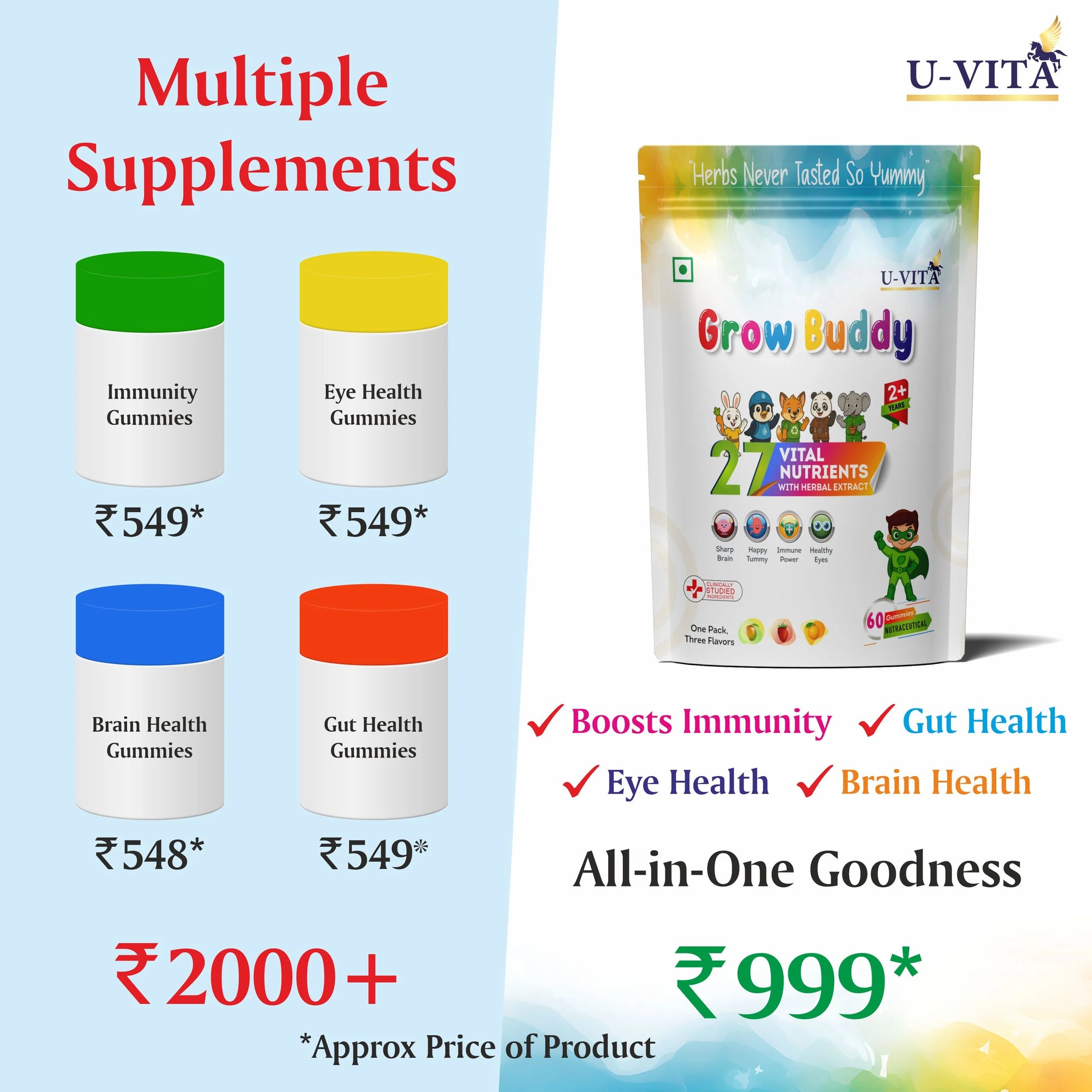 U‑Vita Grow Buddy kids multivitamin gummies for immunity, brain, and gut health