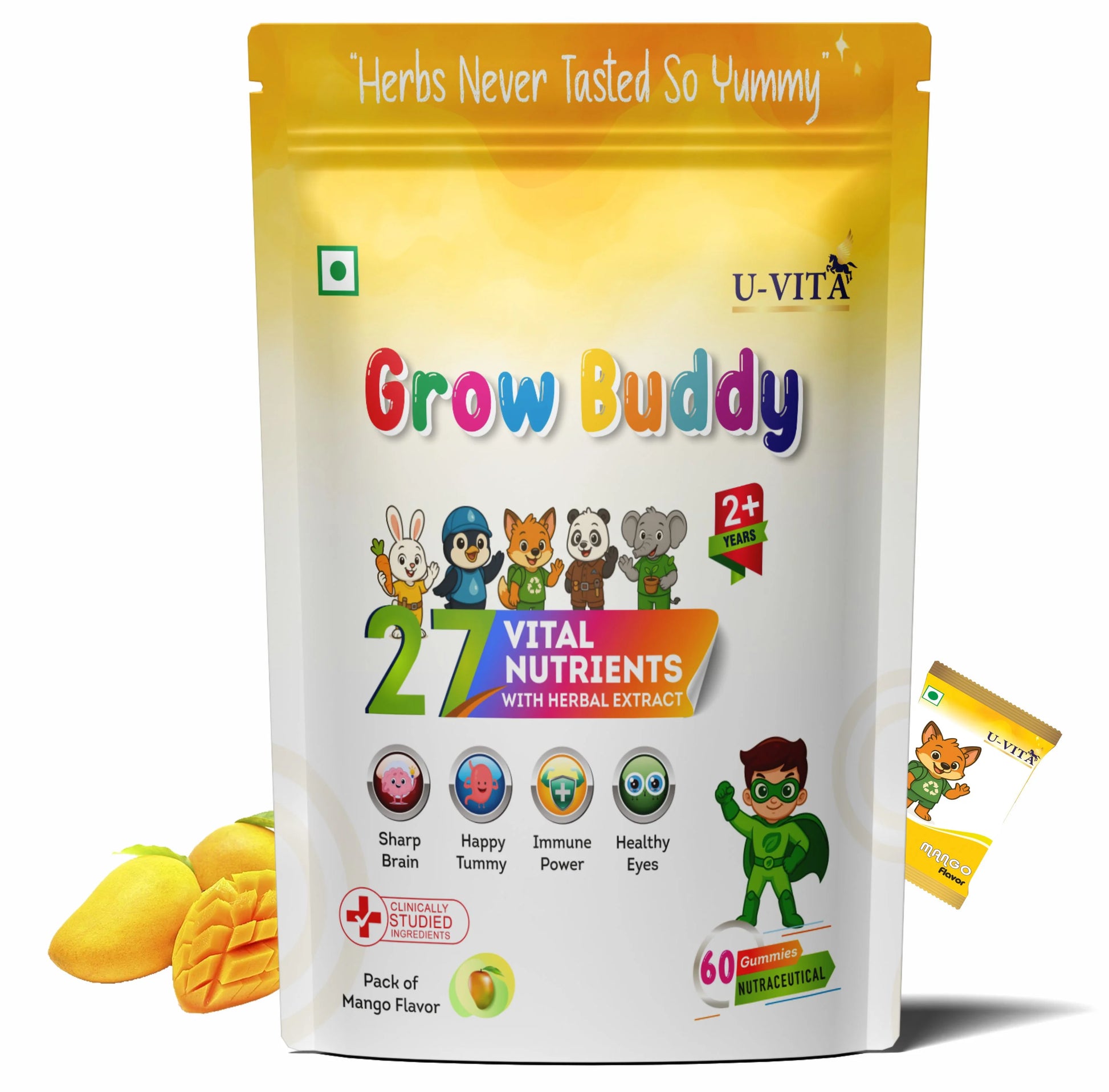 U‑Vita Grow Buddy kids multivitamin gummy pack showing mango flavour