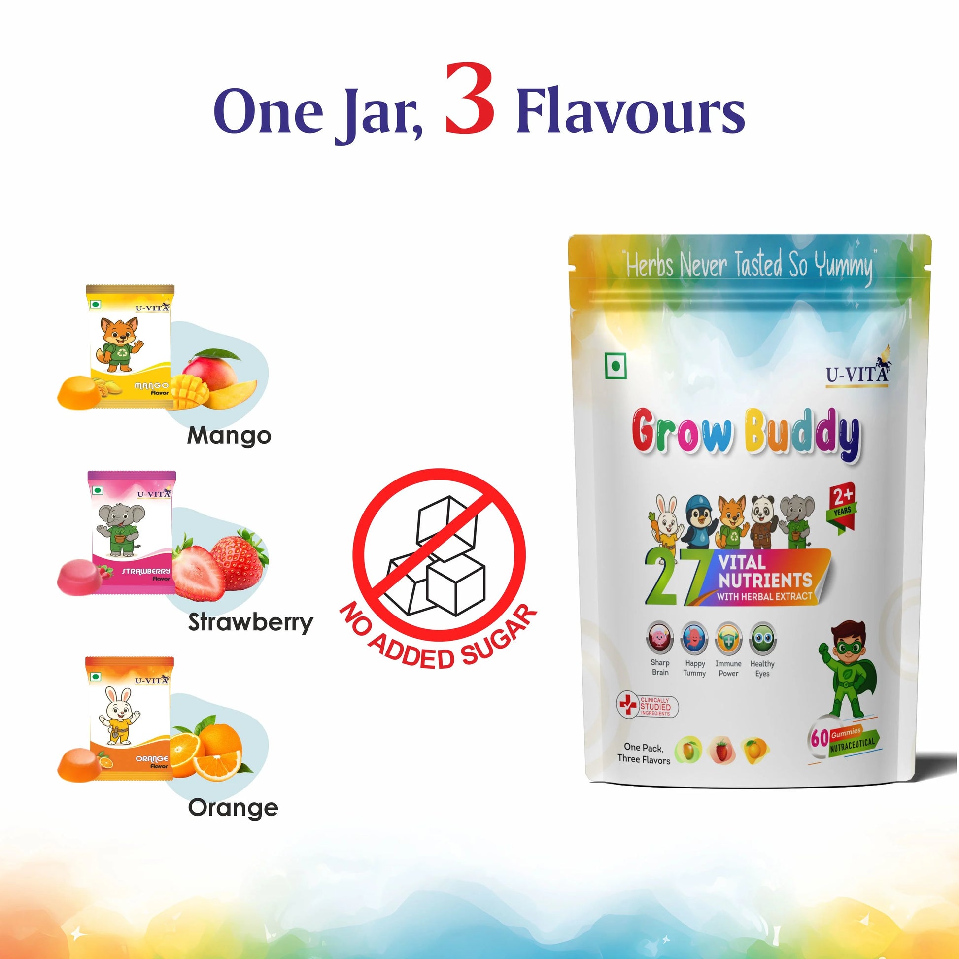 U‑Vita Grow Buddy multivitamin gummies pack with three fruit flavours and no added sugar.