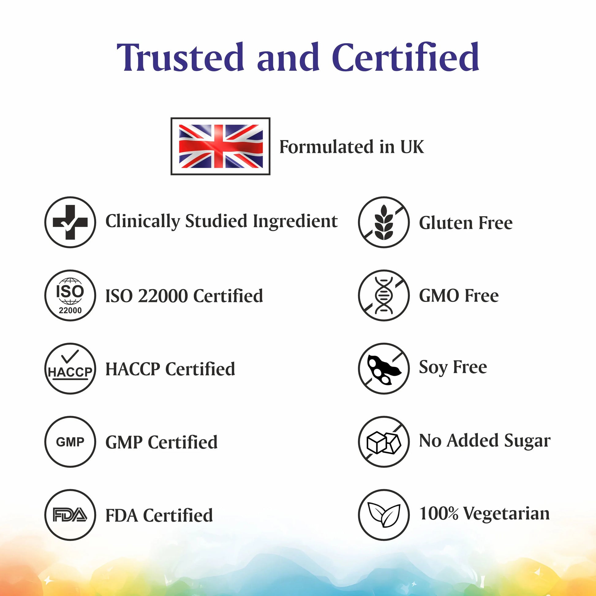 U‑Vita Nutrition supplement quality and certification icons with ISO, HACCP, GMP, FDA and clean label badges