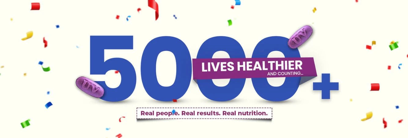 Celebration banner highlighting 5000 healthier lives with U-VITA nutrition supplements