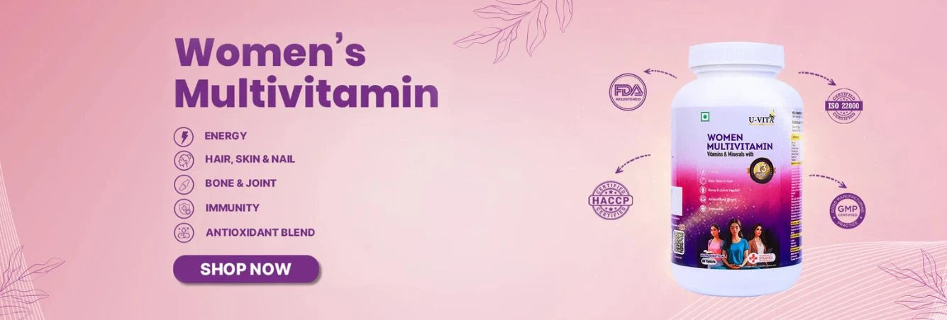 Women's multivitamin supplement bottle on a pink background with text and icons.